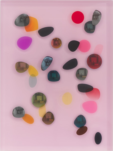 Jim Lambie January 1978, Pink Haze, 2026; resin, sunglasses lens, birch plywood, paint; 60 x 45 x 5 cm; enquire