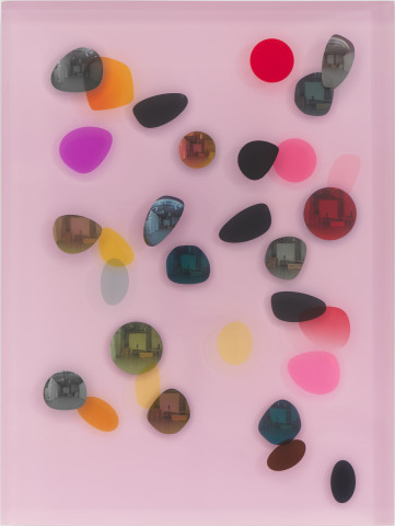 Jim Lambie January 1978, Pink Haze, 2026; resin, sunglasses lens, birch plywood, paint; 60 x 45 x 5 cm; more info; enquire