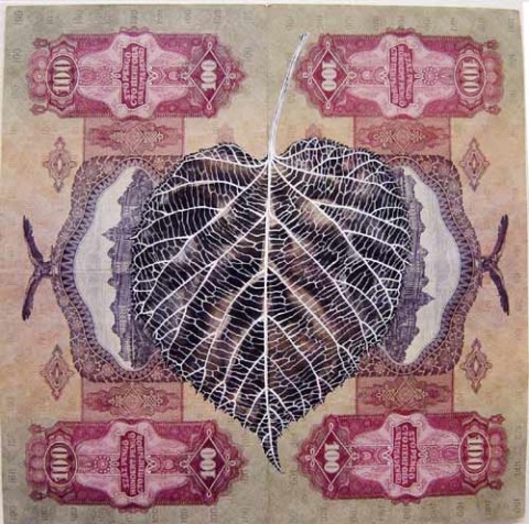 Fiona Hall Leaf Litter (detail), 2000-02; gouache on banknotes; dimensions variable; enquire