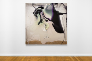 installation view; Dale Frank Between the cheeks dreaming of another continent over the horizon, gripping, swimming in the streets, he always watched other mens backsides walking, coveting as watchers do, 2026; colour powder pigments in Epoxyglass, Epoxyglass, on perspex; 200 x 200 cm; enquire