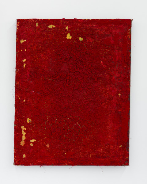 Kirtika Kain The Solar Line VI, 2020, Gold paint, sindoor pigment, binder medium, disused silk screen, 59 x 46 cm