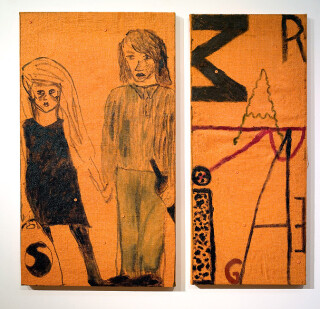 Jenny Watson Love, Marriage, Property, 1988-89; oil on dyed hessian; 2 parts: 107x46cm; 108.5 x 61cm; enquire