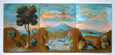 Tony Clark Sections from Clark's Myriorama, 2006; acrylic and permanent ink on canvas board; 3 panels, overall dimensions 30.5 x 68 cm; enquire