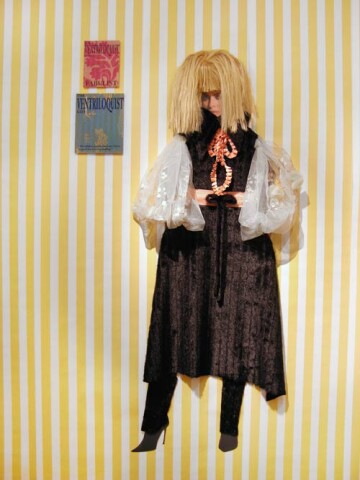 Jacqueline Fraser The Ventriloquist says says, 2005; pleated taffeta ribbon, water stain ribbon, faux fur, French embroidered organza, wig, back light photo, French silk brocade; 175 x 100 cm; enquire