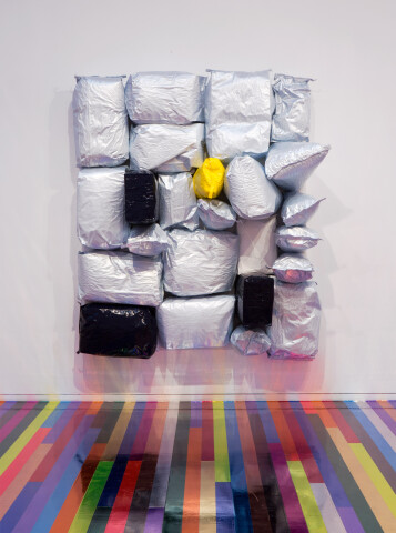 Jim Lambie Other Side of the Sun, 2015; Potato bags, acrylic paint, expanding foam on canvas; 210 x 178 x 60 cm; Enquire
