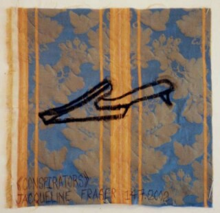 Jacqueline Fraser >, 2002; from the series Jacqueline Fraser 14.7.2002 Parisian Fabric Drawings; Oil stick on blue and gold striped brocade; 32 x 32 cm; enquire