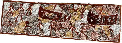Nyapanyapa Yunupiŋu Japanese Submarine, 2008; natural earth pigments on bark; 41 x 130 cm; enquire