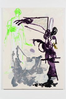 Tom Polo soft surrender in purple and green, 2026; acrylic on polycotton; 182 x 138 cm; enquire
