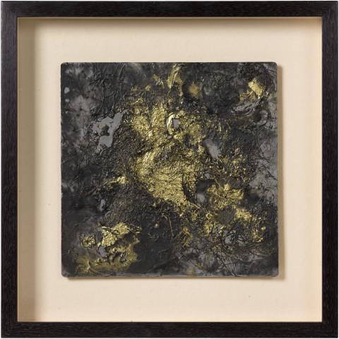 Kirtika Kain smoulder, 2019; iron filings, gold pigment, human hair, wax, zinc; 47 x 47 cm; enquire