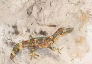 John Wolseley Mimesis - Leaf-tailed geckos on bark, moss and lichen I (detail), 2025; watercolour, graphite, charcoal, frottage and nature prints on paper; 80 x 200 cm; 97 x 221 cm (framed); enquire