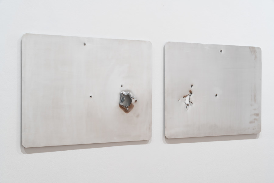 Marley Dawson Landscape/Constellation - Bethanga - Through Hole, 2025; decommissioned aluminium road sign; diptych; 60 x 80 cm each; enquire