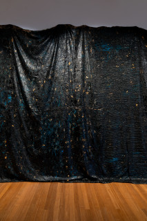 Kirtika Kain Midnight (detail), 2025; tar on hessian, stones, gold leaf and acrylic paint; 329 x 885 x 35 cm; dimensions variable; enquire