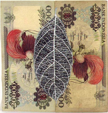 Fiona Hall Leaf Litter (detail), 2000-02; gouache on banknotes; dimensions variable; enquire