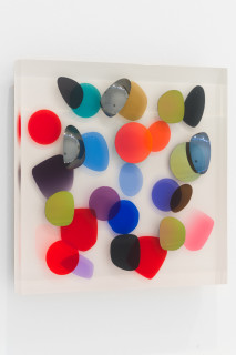Jim Lambie February 2014, Diamonds Above, 2026; resin, sunglasses lens, birch plywood, paint; 33 x 33 x 5 cm; enquire