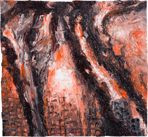 Fiona Hall Counting For Nothing 13, 2024; oil paint on aluminium drink cans; approx. 30.5 x 33.5 cm; enquire