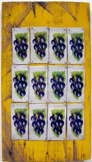 Rosalie Gascoigne Untitled (12 bunches of grapes), 1980; Printed metal and nails on painted board; 28 x 16 x 2.4 cm; enquire