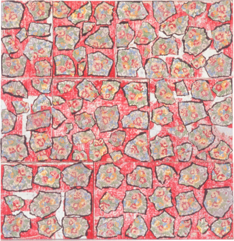 Rosalie Gascoigne Meadow-Sweet, 1991; retro-reflective road signs and torn linoleum on plywood; 83.1 x 80.7 cm; enquire