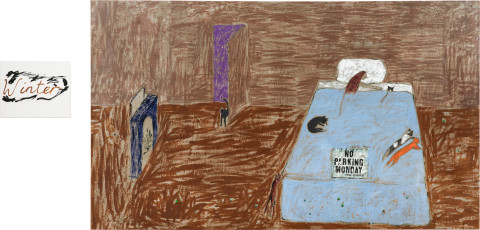 Jenny Watson Winter, 1992; Oil, pigments, sequins and paper on primed Belgian linen; 160 x 280 cm & 50 x 40 cm; enquire