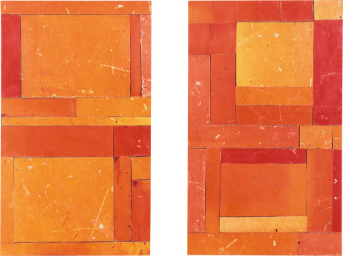 Rosalie Gascoigne not yet titled (Red Squares), 1999; retro reflective roadsign on wood; 2 panels, 64 x 37.5 cm each; enquire
