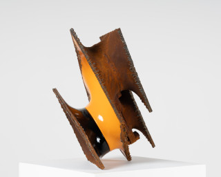 James Angus Swing Shift, 2025; steel, enamel paint; 38 x 60 x 34 cm; enquire