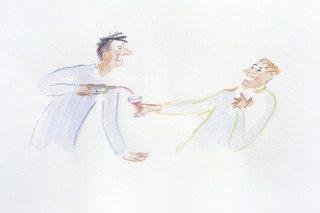 Vivienne Shark LeWitt untitled sketch (men drinking), 1994; watercolour on paper; 55 x 75 cm; enquire