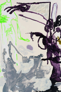 Tom Polo soft surrender in purple and green (detail), 2026; acrylic on polycotton; 182 x 138 cm; enquire