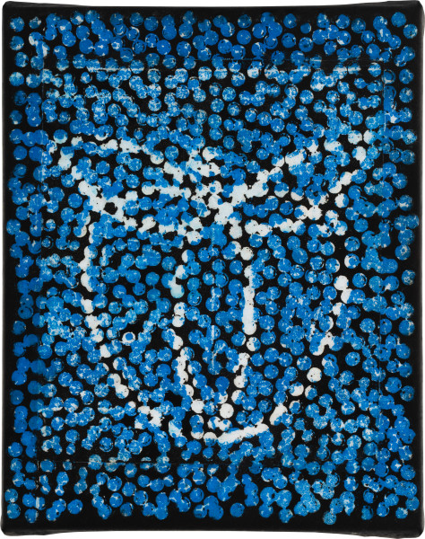 Daniel Boyd Untitled (MPABT#3), 2023; relief print, ink, oil and archival glue on paper mounted to canvas; 25 x 20 cm; enquire