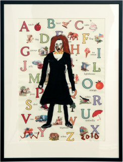 Jenny Watson Classic Black 10: woman in a black dress, 2010; acrylic on Italian nursery paper; 90 x 69 cm (framed); enquire