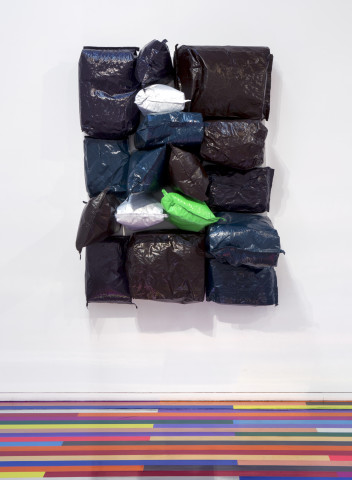 Jim Lambie Purple Night, 2015; Potato bags, acrylic paint, expanding foam on canvas; 171 x 124 x 64 cm; Enquire