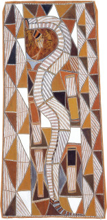 Les Midikuria Borlang Serpent, 1993; natural ochre pigments on bark; 78 x 170 cm; enquire