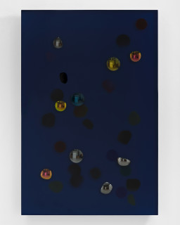 Jim Lambie November 1976, Waterfall, 2026; resin, sunglasses lens, birch plywood, paint; 91.5 x 61 x 5 cm; enquire