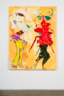 installation view; Tom Polo double dance, 2026; acrylic and Flashe on polycotton; 182 x 138 cm; enquire