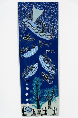 Dhambit Munuŋgurr Maŋgatharra, 2024; 7190-24; acrylic on bark; 239 x 82 cm; enquire