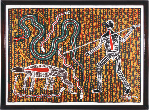 Robert Campbell Jnr “Hunter", Snake, Witchety Grub, 1987; acrylic on board; 86.5 x 117 cm; 