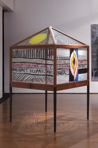 Brook Andrew Habitat I, 2017; Red gum and Sapele timber, glass, steel and oil pastel; 214 x 140 x 140 cm; enquire