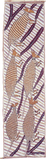 George Milpurrurru Wallabies, 1989; natural ochre pigments on Stringybark; 140 x 39 cm; enquire