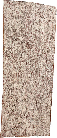 Nyapanyapa Yunupiŋu White Circles, 2011; 4063Q; natural earth pigments on bark; 134 x 53 cm; enquire