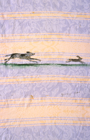 Jenny Watson Sam chasing hare, 2000; oil on cotton; 154 x 85.5 cm, 35 x 25 cm; enquire