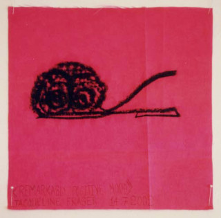 Jacqueline Fraser >, 2002; from the series Jacqueline Fraser 14.7.2002 Parisian Fabric Drawings; Oil stick on pink water stained taffeta; 32 x 32 cm; enquire