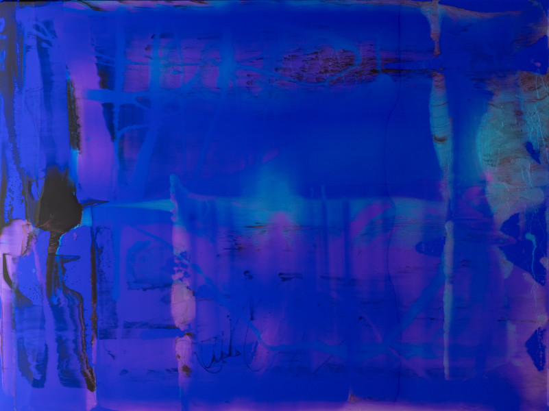 Dale Frank His loneliness suffocated the space around him, but his anger towards himself provided him with just enough of the air he needed to share, 2025; colour powder pigments in Epoxyglass, Epoxyglass, on perspex; 150 x 200 cm; enquire