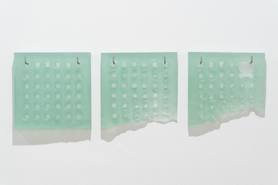 Hilarie Mais ice greens, 2023; slumped glass; 3 parts; 30 x 30 x 3.5cm each; enquire