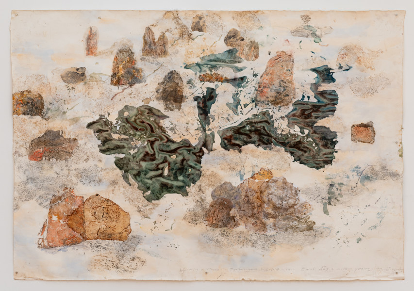 John Wolseley Walk across geological strata - Proterozoic to late Silurian: each step a million years I, 2025-26; watercolour, nature prints, and frottage on paper; 140 x 201 cm; enquire