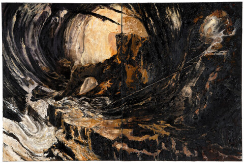 Mandy Martin Wanderers in the desert of the real; The Deluge, after John Martin, 2008; Ochre, pigment, and oil on linen; diptych, overall 180 x 270 cm; enquire