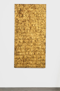 installation view; Kirtika Kain Untitled i, 2026; cotton, wax, charcoal, gold leaf, sand and tar; 183 x 91 cm; enquire