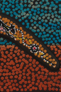 Daniel Boyd Untitled (SBHTCIHSCP) (detail), 2025; oil, watercolour, pencil, found boomerang and archival glue mounted on wooden panel; 20 x 80 cm; enquire