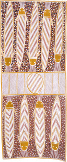John Baya Manbiri - Eel Tail Catfish, 1989; natural ochre pigments on Stringybark; 137 x 58 cm; enquire