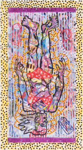 Gary Carsley On The Beach Towel 2, 1985; oil, spray and metallic paint on canvas; 218 x 145 cm; enquire