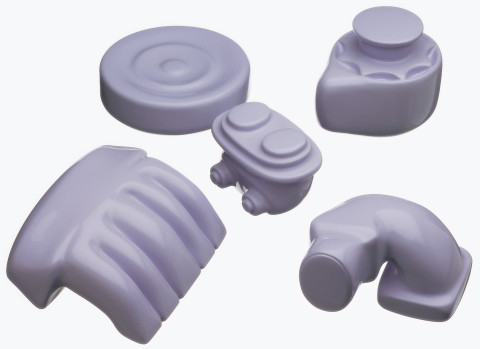 Patricia Piccinini Giblets—lilac, 2000; lilac; resin and automotive paint; dimensions variable, set of 5; Edition of 3; enquire