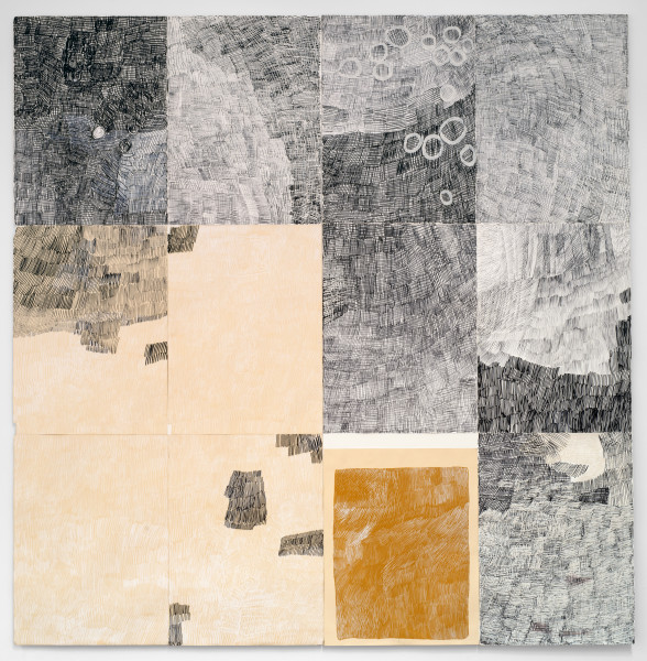 Nyapanyapa Yunupingu Djorra (paper) 3, 2014; felt tip pens, white clay, acrylic paint on discarded print proofs; 228 x 224cm, 76 x 56cm (each)