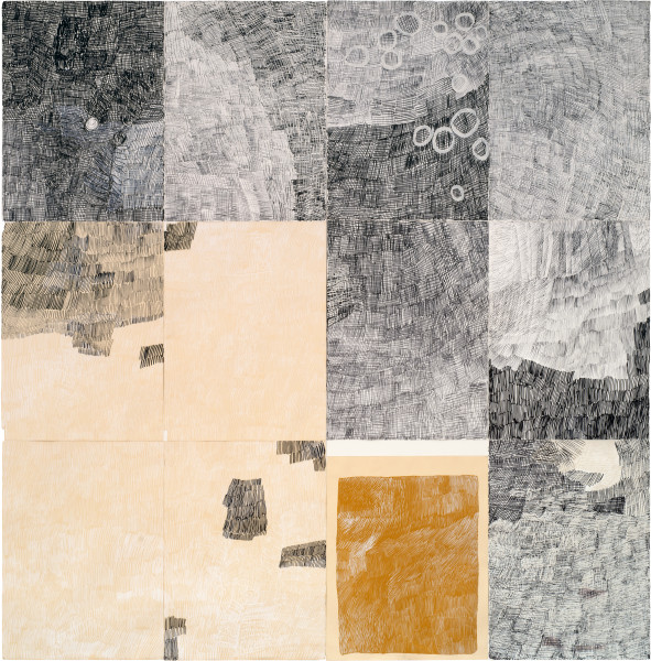 Nyapanyapa Yunupingu Djorra (paper) 3, 2014; felt tip pens, white clay, acrylic paint on discarded print proofs; 228 x 224cm, 76 x 56cm (each)